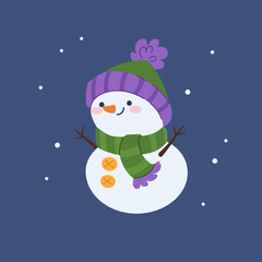 Snowman in a hat and scarf. Happy winter character. Cute white children's character. Characters for celebrating Christmas and New Year. Vector illustration