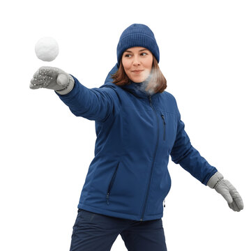 Woman throwing a snowball isolated on transparent or white background, png