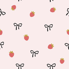 seamless black bow and strawberry pattern , vector , illustration