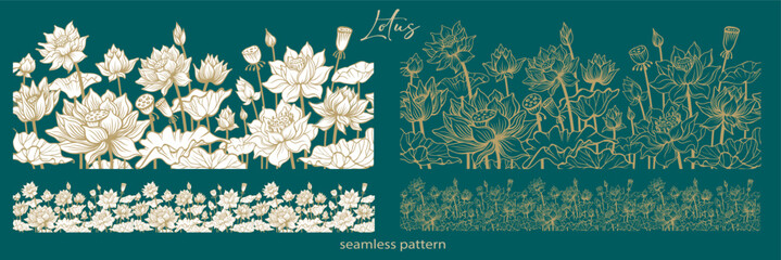 Seamless border patterns with lotus flowers, outline drawing
