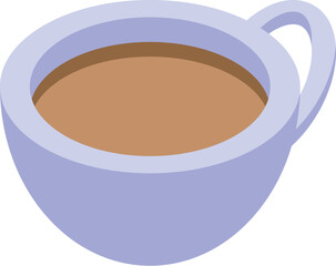 Simple purple coffee cup filled with a light brown beverage, presented in an isometric perspective