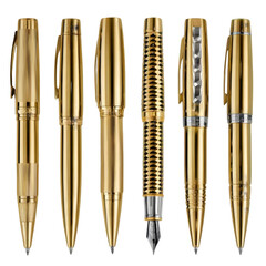 Fototapeta premium A collection of six luxurious gold pens, including ballpoint, rollerball, and fountain pens, isolated on transparent background