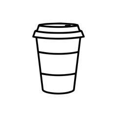 Minimalist black and white line illustration of a takeaway coffee cup with a lid, centered on a white background, symbolizing coffee culture and modern lifestyle simplicity.