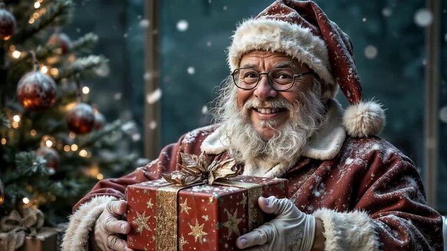 A cheerful and cunning Santa smiles charmingly and winks cheerfully, looking at the camera.
