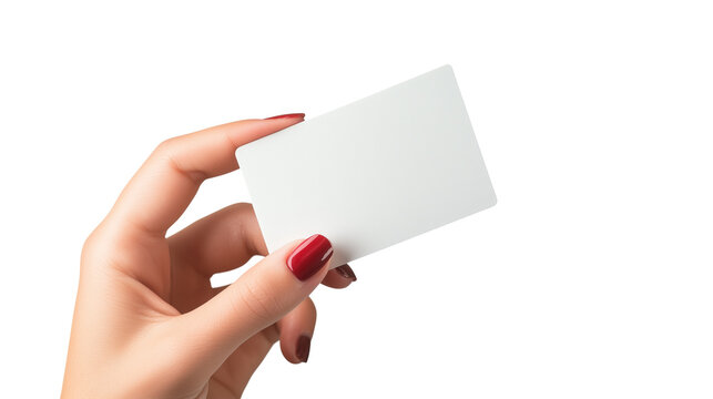 Hand holding a blank white card with red polished nails on transparent background