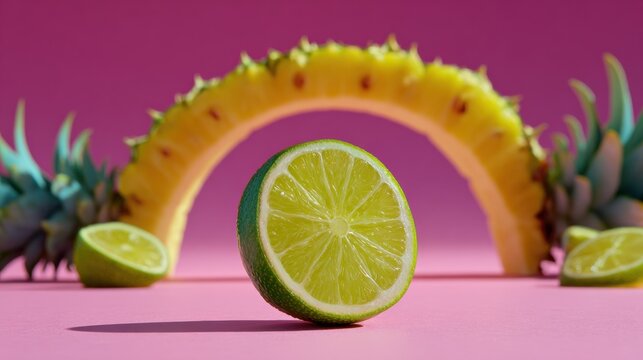 Close-up of a slice of lime on a pink background. the lime is in the center of the image, with its bright yellow flesh and green leaves visible. - Powered by Adobe