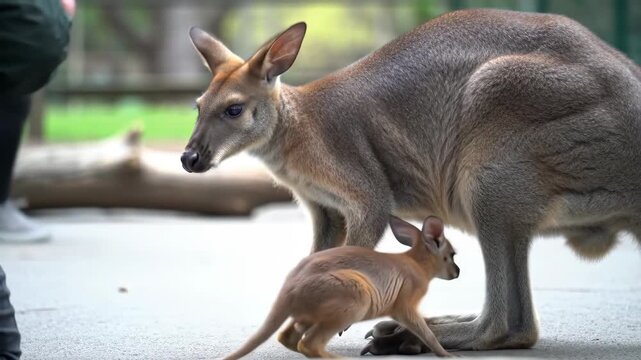 A mother kangaroo and joey walking at a zoo, with a blurred background, suitable for nature content