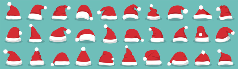 Santa hat with shadow in a flat design. Santa Claus cap icons. Christmas Santa hat collection. Cartoon red hats icon
