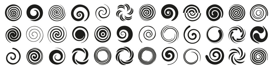 Spiral symbol collection in dynamic circular design. Variety of swirl and rotation patterns for motion, hypnosis and creativity themes