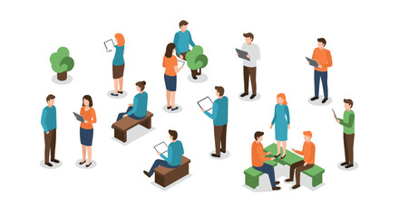 Isometric group of people engaged in outdoor activities with gadgets