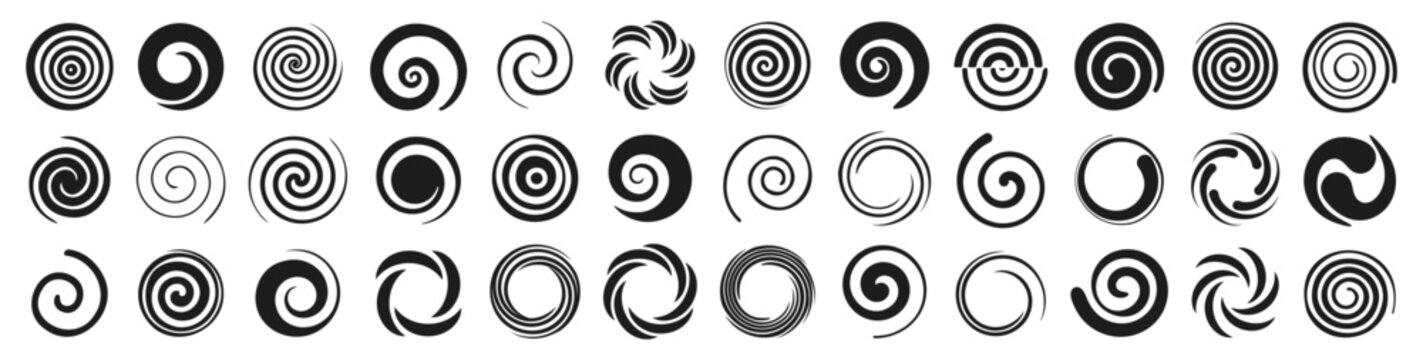 Spiral symbol collection in dynamic circular design. Variety of swirl and rotation patterns for motion, hypnosis and creativity themes