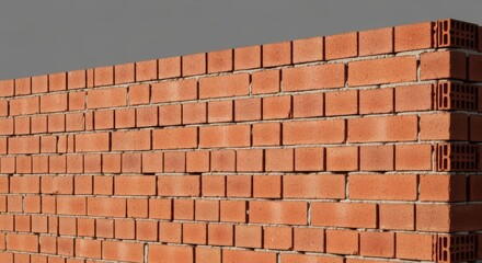 Obraz premium The corner of a long, newly constructed red brick wall with clean mortar lines, shown from a perspective angle against a grey background.