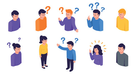 Isometric characters with question marks express curiosity and exploration