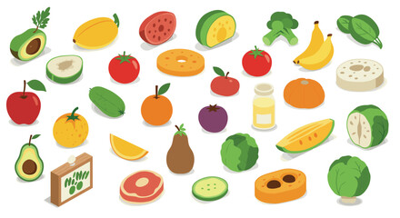 Colorful isometric fruits and vegetables collection set for healthy eating
