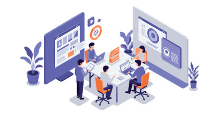 Isometric design team collaboration in modern digital workspace