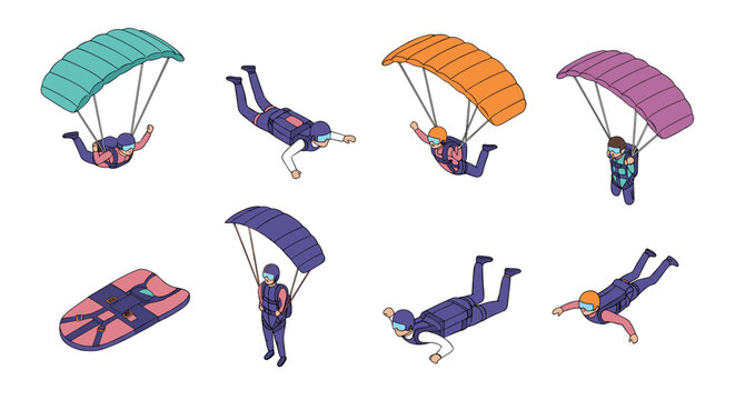 Colorful parachuting and skydiving cartoon characters in flight