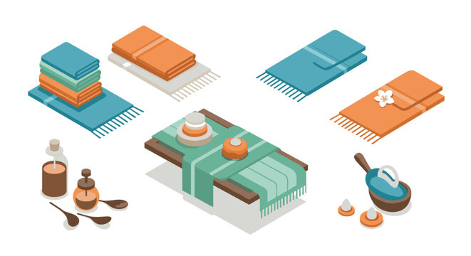 Spa essentials in isometric style with towels, aromatherapy, and wellness items