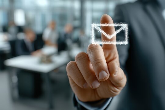 Businessman holding a virtual email icon in his hand in a modern office setting