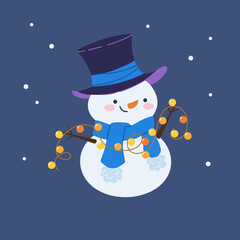 Snowman wearing a top hat and garland. Traditional winter holiday character. Characters for celebrating Christmas and New Year. Vector illustration