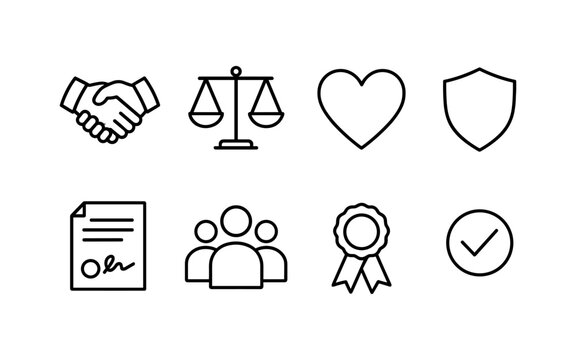 Set of simple line icons for business and law: handshake, scale, heart, shield, document
