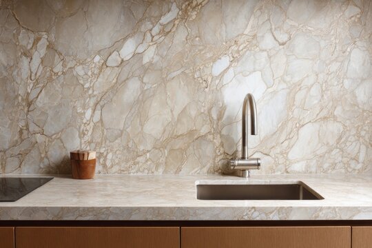 Modern kitchen sink area with marble countertop and backsplash.