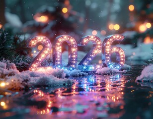 Świecący napis 2026 na śniegu. Sylwester, Nowy Rok © Monika
