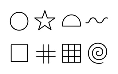 Minimalist geometric outline shapes: circle, star, wave, and more