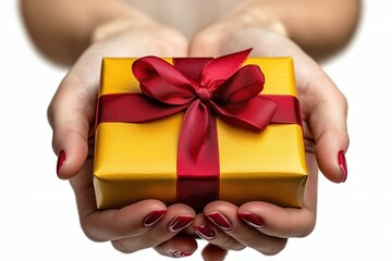 Pair of hands holding a small yellow gift box tied with a red ribbon, isolated on a white background.