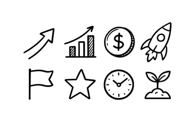 Hand drawn business icons set featuring growth and success symbols