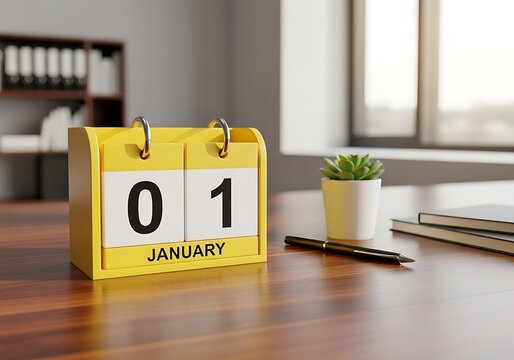 Yellow desk calendar displaying January 1st, New Year's Day.
