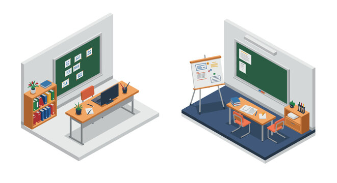 Isometric classroom setup with desks, chairs, chalkboards, and bookshelves in educational environment
