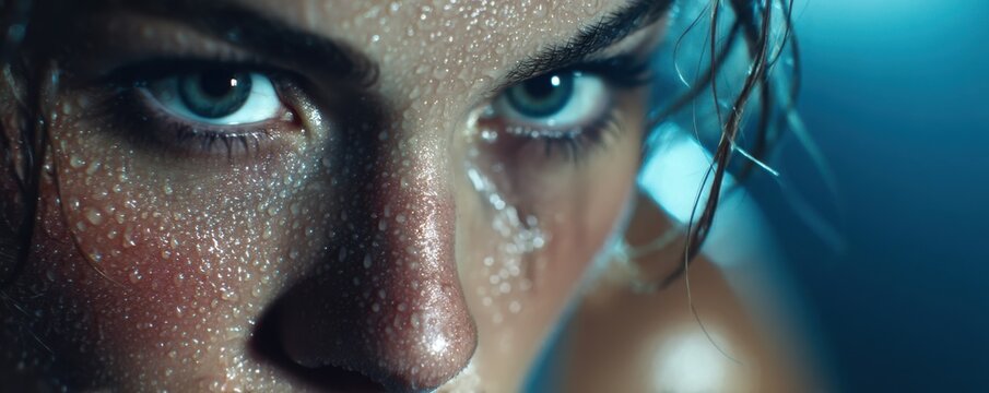 Close-up of a focused woman in gym during intense pushups, sweat and determination