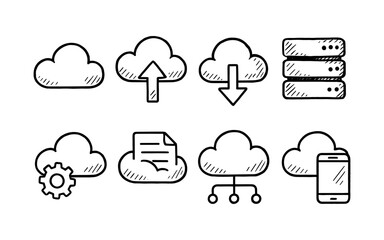 Obraz premium Hand-drawn cloud computing icons: data storage, upload, and connectivity symbols