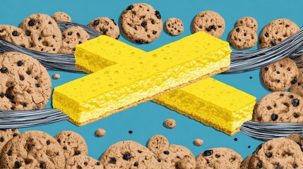Illustration of a slice of yellow cheesecake on a blue background. the cheesecake is in the shape of a cross and is placed in the center of the image.