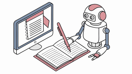 A friendly robot diligently taking notes in a book while a computer displays educational content