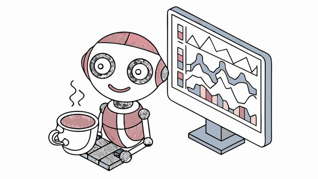 Friendly robot enjoying a warm beverage while analyzing complex data on a computer screen