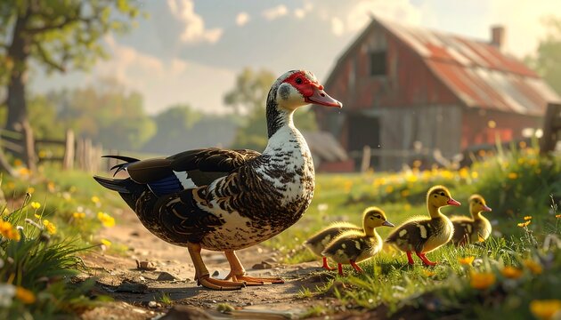A large adult waterfowl leads a line of young offspring down a dirt path on a sunny farm, with a weathered barn in the background