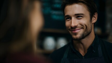 Obraz premium A smiling barista in an apron interacts warmly with a customer in a coffee shop