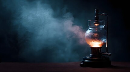 A vintage siphon coffee maker brews coffee with a dramatic flame heating its glass chamber creating steam