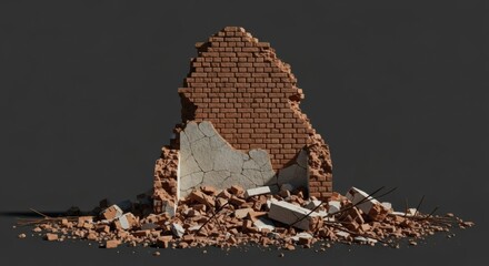A detailed 3D illustration of a demolished building, with a standing remnant of a red brick wall, crumbling plaster, and a large heap of rubble with rebar.