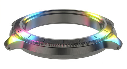 Futuristic design of a precision-engineered watch component, a metallic bezel showcasing a vibrant iridescent rainbow spectrum effect, isolated on a white background