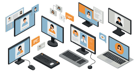 Obraz premium Isometric digital workspace with computers and communication elements