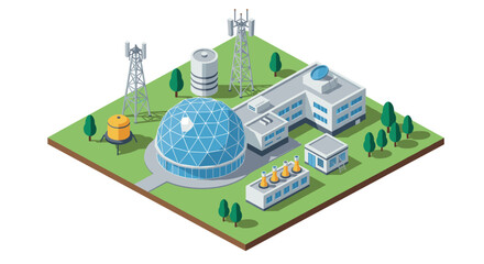 Isometric futuristic research facility with geodesic dome and communication towers