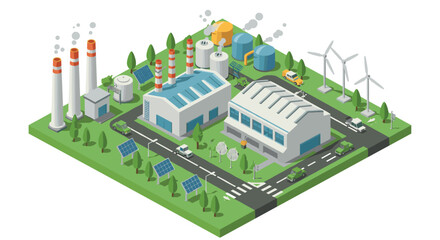 Isometric eco-industrial complex with renewable energy sources and green technology