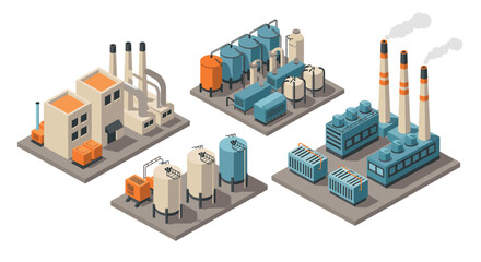 Fototapeta premium Isometric industrial complex with factories, tanks, and pipes
