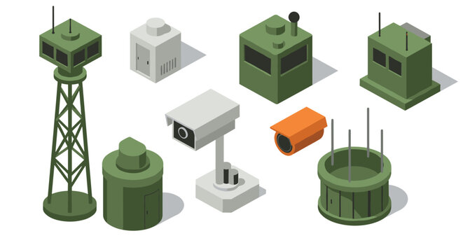 Modern military surveillance equipment in isometric style