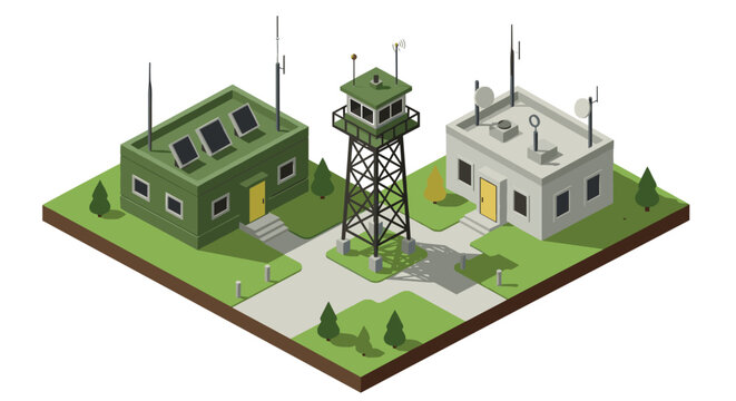 Isometric military base with watchtower and communication buildings