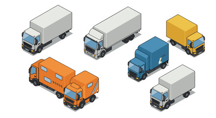 Isometric delivery trucks and vans in various colors and designs