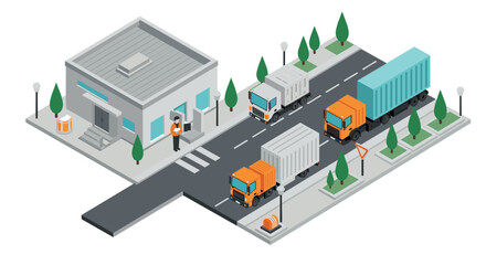Obraz premium Isometric street scene with trucks and building