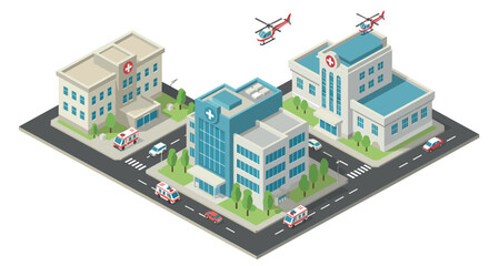 Naklejka premium Isometric hospital complex with ambulances and helicopters in urban setting
